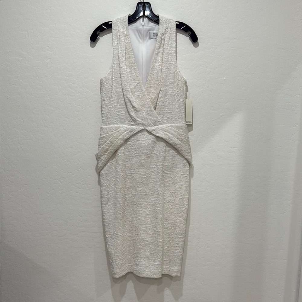 Badgley Mischka White Ruched Cowl Neck Sheath Dress